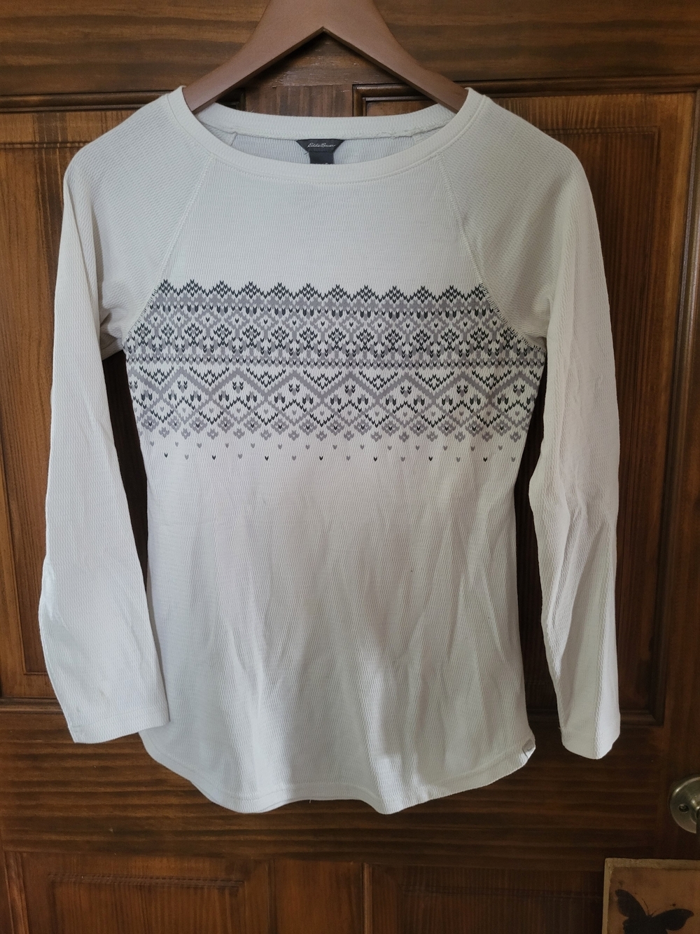 Eddie Bauer Cream Long-Sleeve Waffle Knit Top with Fair Isle Chest Pattern